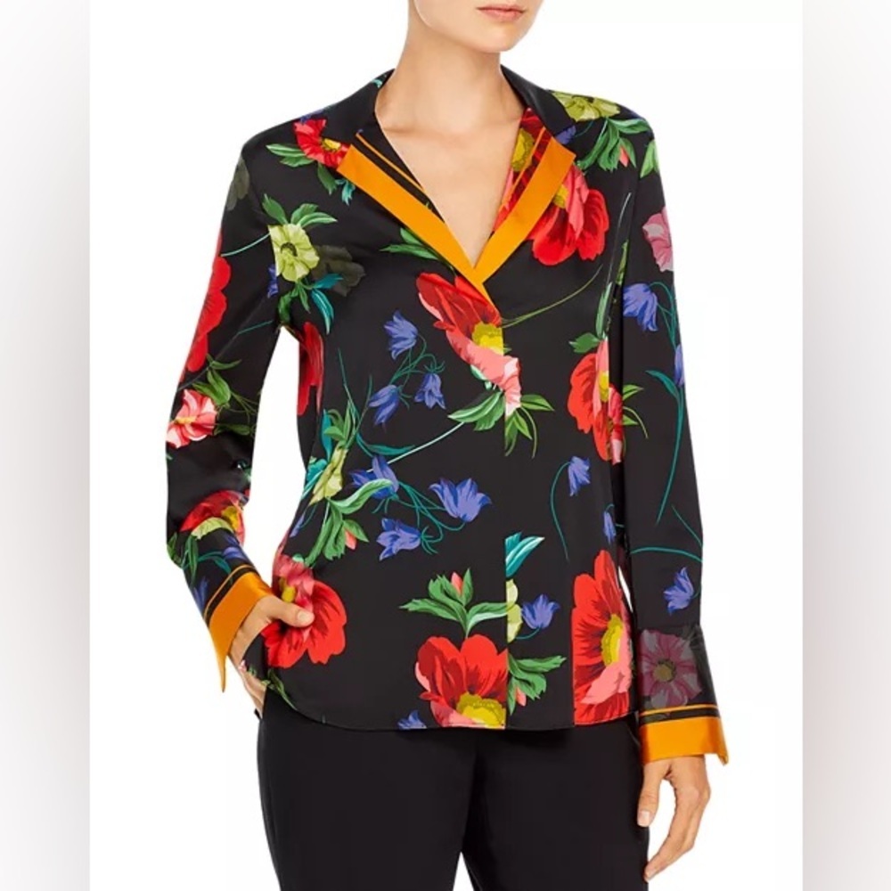 Kobi Halperin Silk Floral Blouse Black Multi Color V Neck Tunic Top Size S